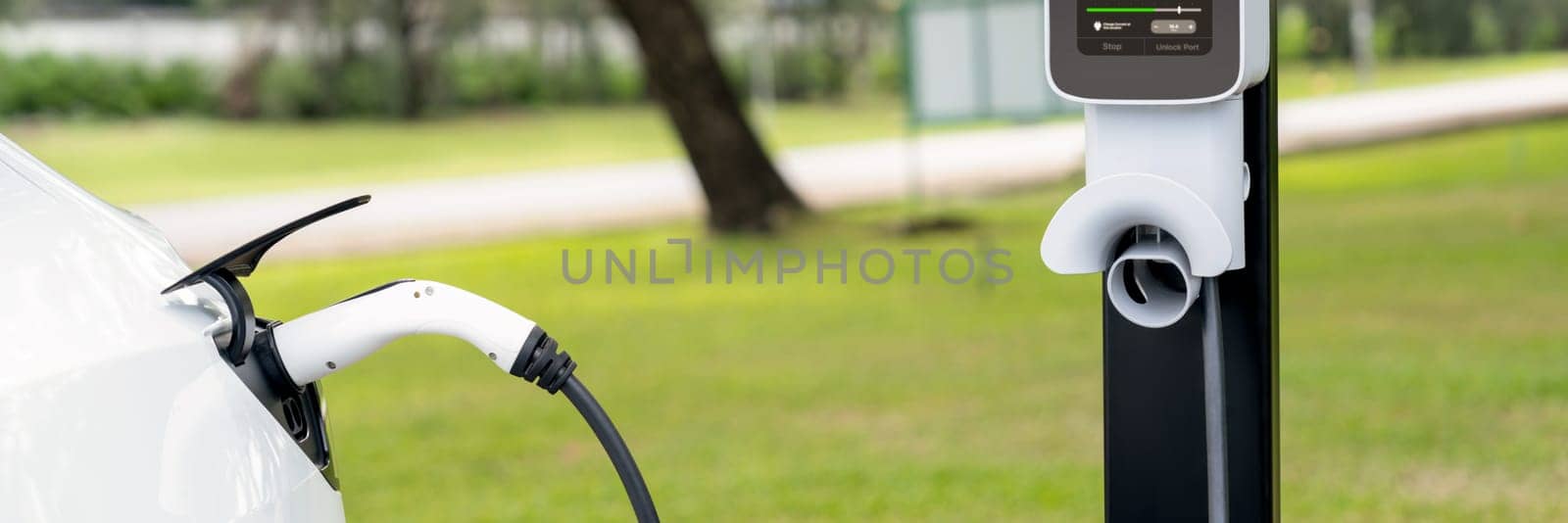 EV vehicle recharging from EV charging station in green city park Exalt by biancoblue