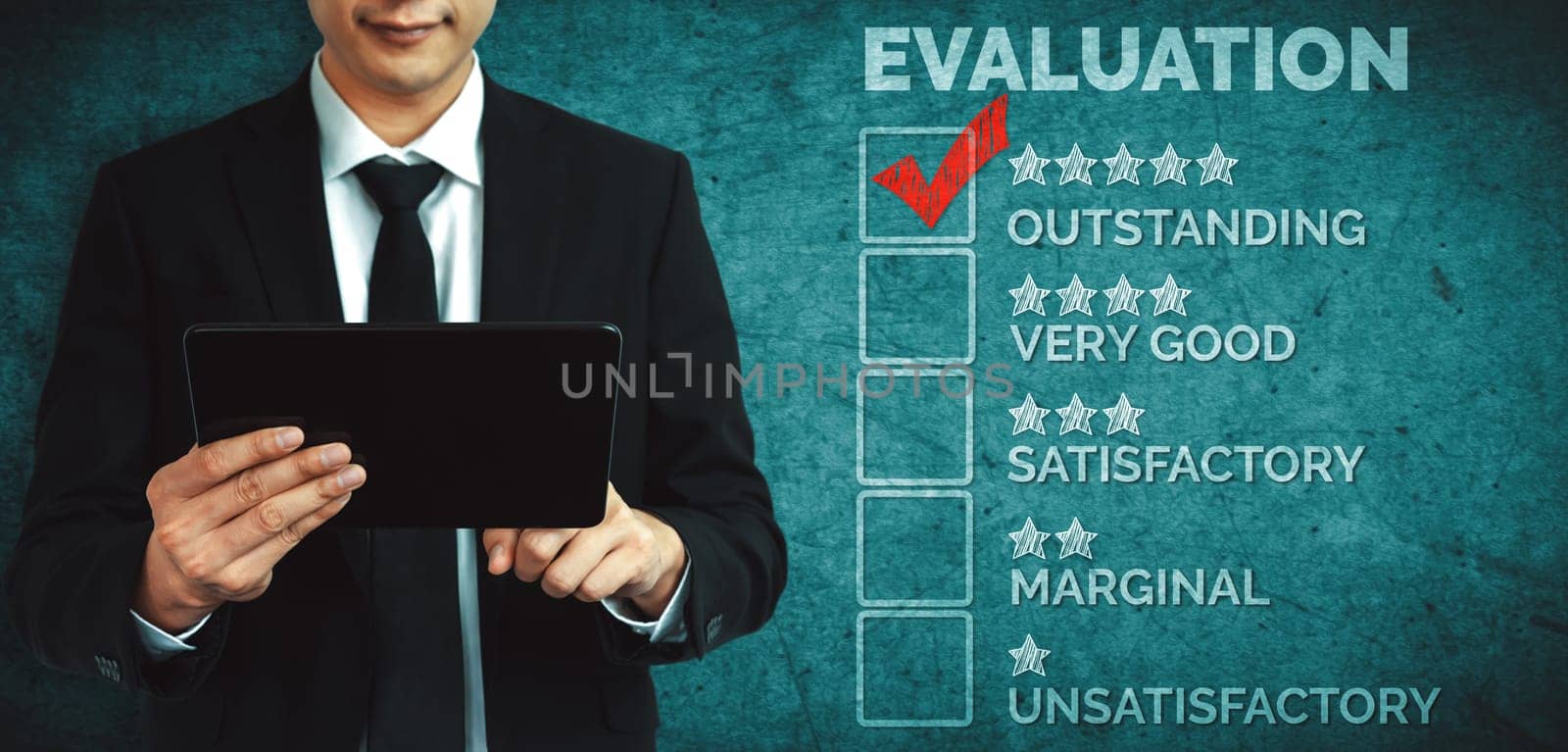 Customer review satisfaction feedback survey concept. User give rating to service experience on online application. Customer can evaluate quality of service lead to reputation ranking of business. uds