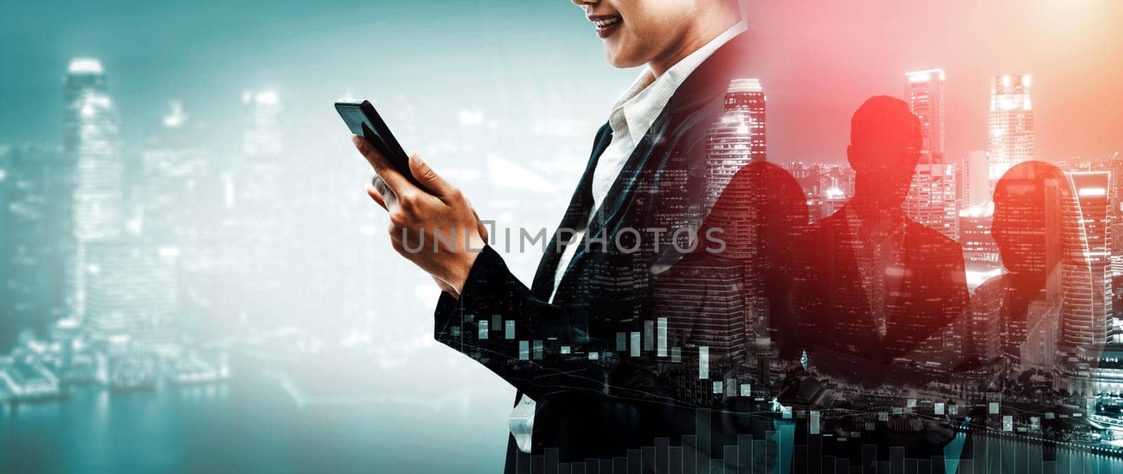 Double Exposure Image of Business Communication Network Technology Concept - Business people using smartphone or mobile phone device on modern cityscape background. uds