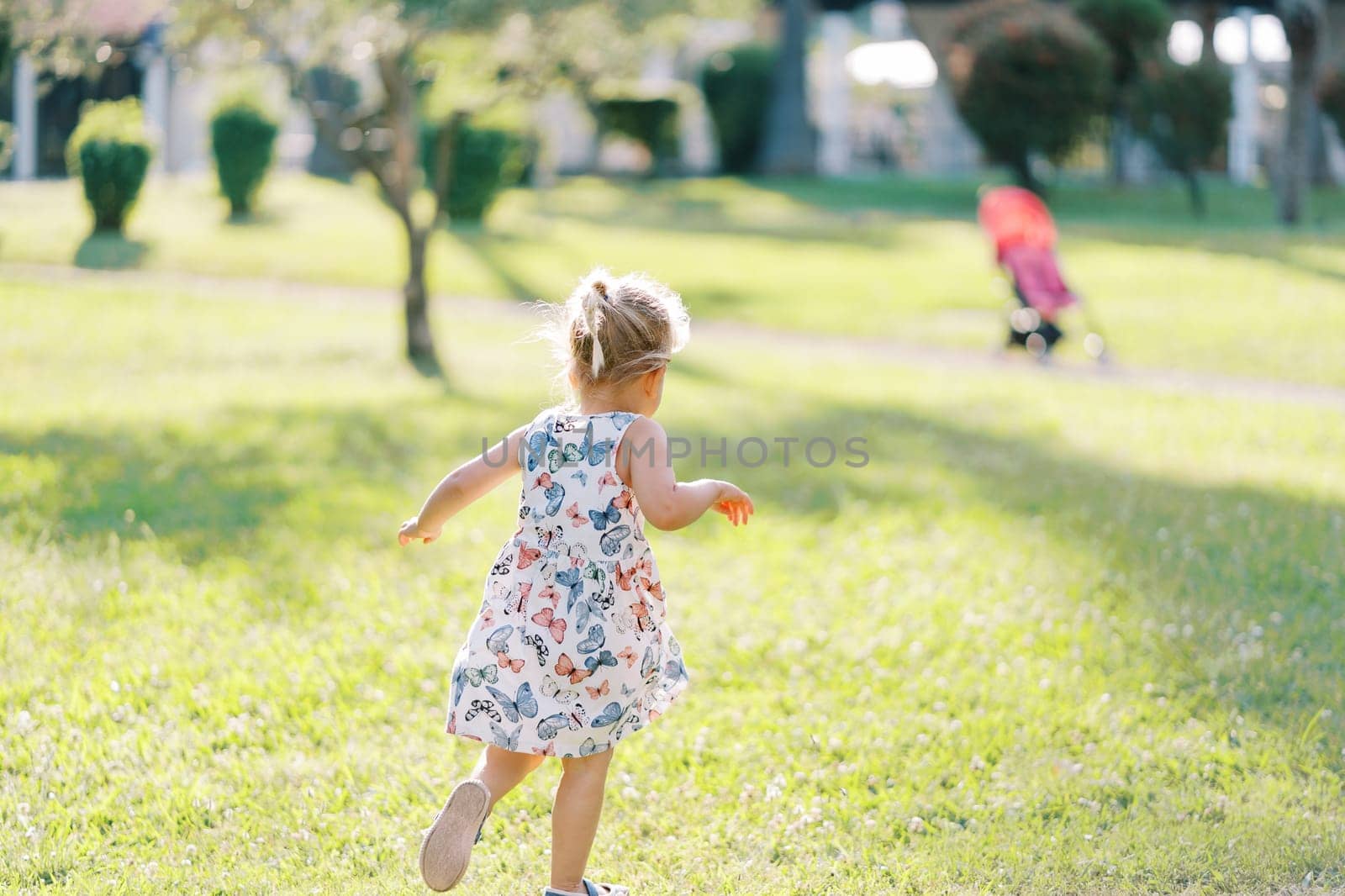 Little girl goes to the stroller along the green lawn in the park. Back view. High quality photo