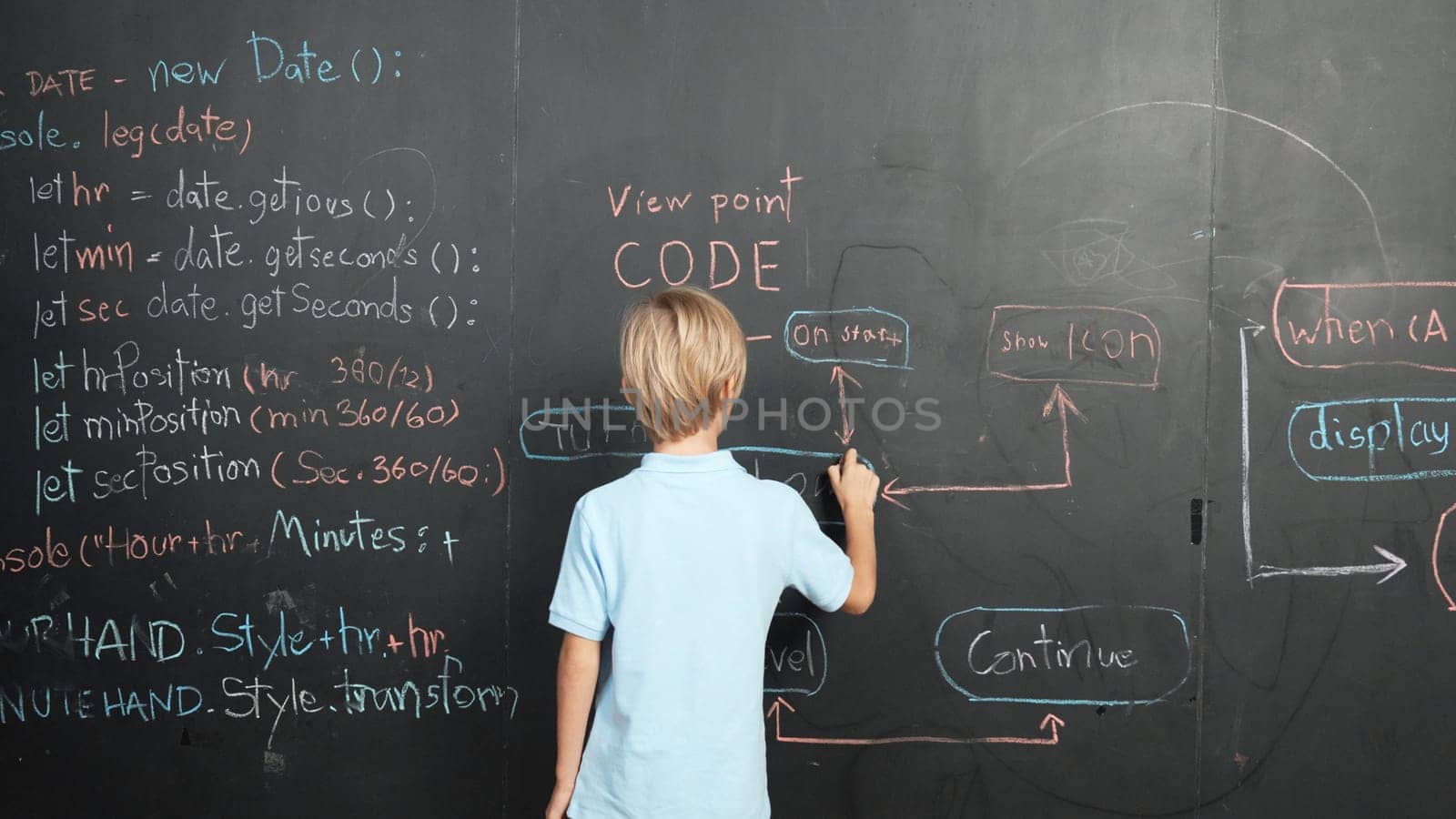 Back view of student writing engineering prompt on blackboard. Handsome clever child or boy planing a project by using coding and programing system in STEM technology classroom. Closeup. Erudition.
