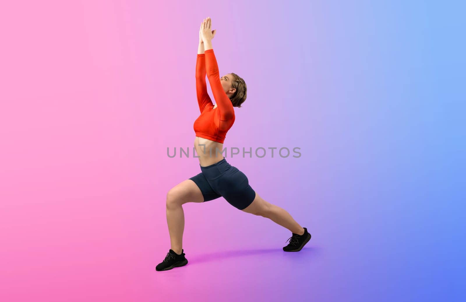 Full body length gaiety shot athletic and sporty woman doing healthy and meditative yoga exercise workout posture on isolated background. Healthy active and body care lifestyle