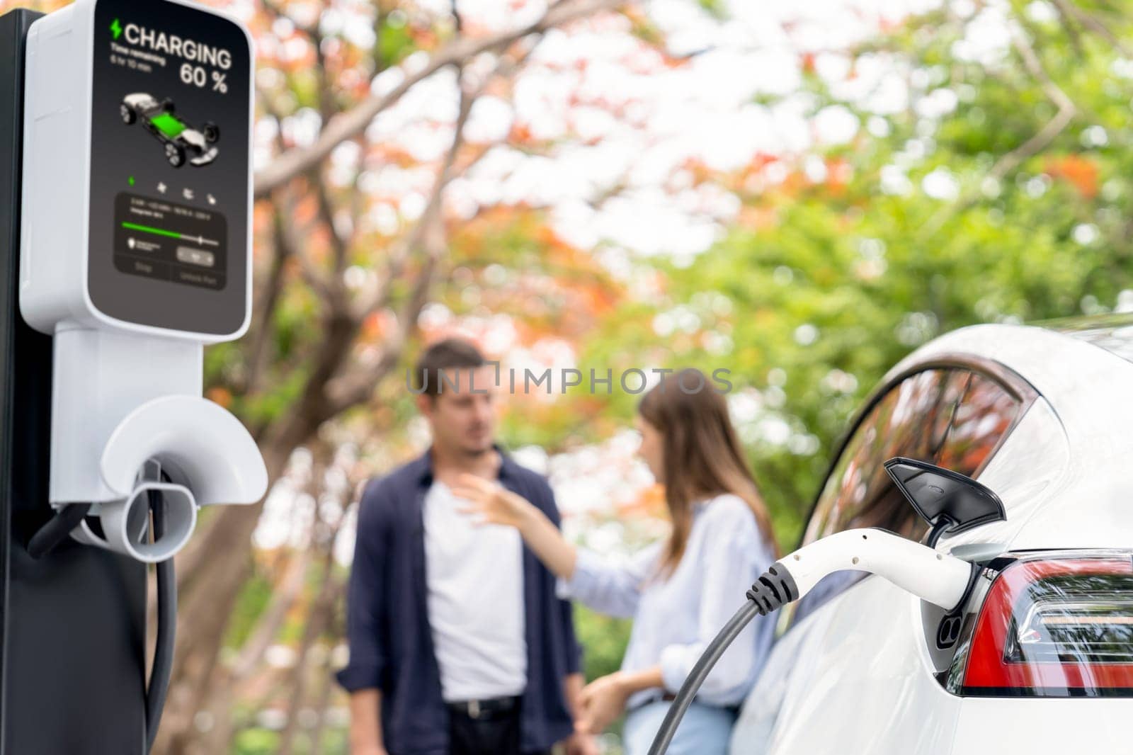 Lovely young couple recharging battery for electric car during autumnal road trip travel EV car in autumnal forest. Eco friendly travel on vacation during autumn. Exalt