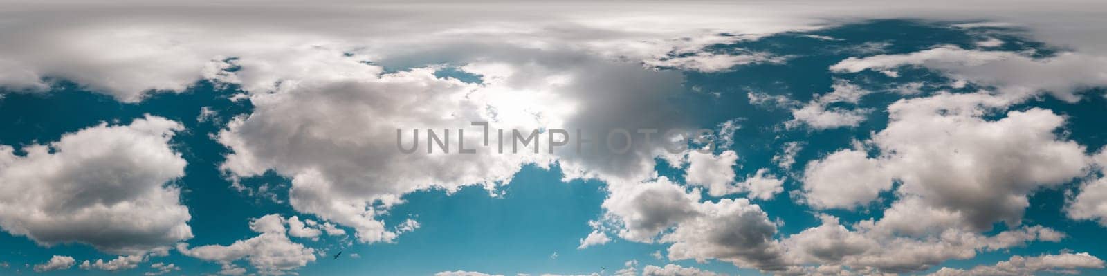 Bright sunset sky panorama with Cirrus clouds. Seamless hdr spherical equirectangular 360 panorama. Sky dome or zenith for 3D visualization, game and sky replacement for aerial drone 360 panoramas.