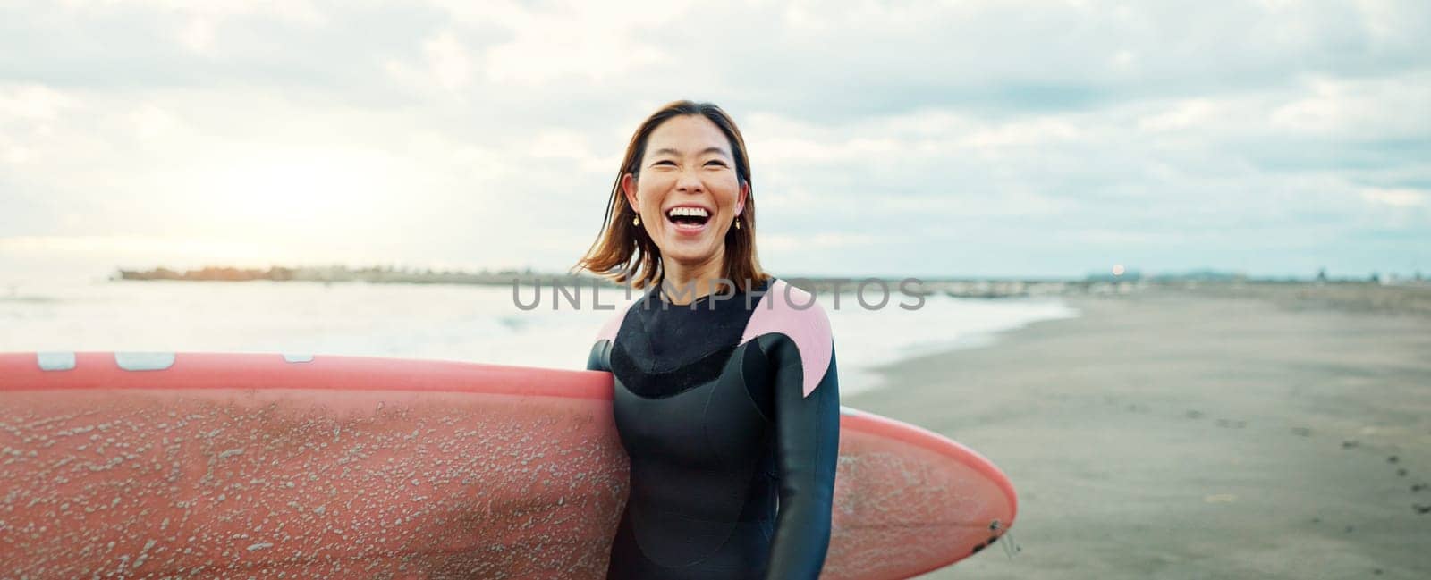 Banner, woman and excited for surfing at beach, sea and ocean for summer holiday, travel and adventure. Happy Japanese surfer laughing with surfboard for water sports, freedom and tropical vacation.