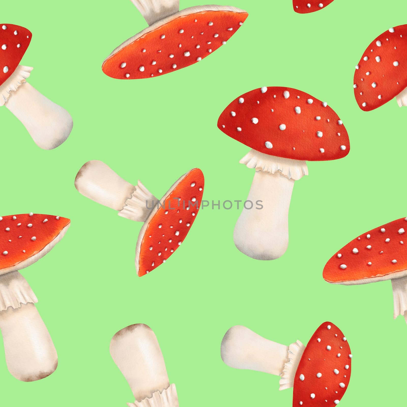 Seamless watercolor pattern featuring vibrant, toxic fly agaric mushrooms and forest fungi. Suitable for textiles, kitchen decor, children's wallpapers, stationery, Green background by Art_Mari_Ka