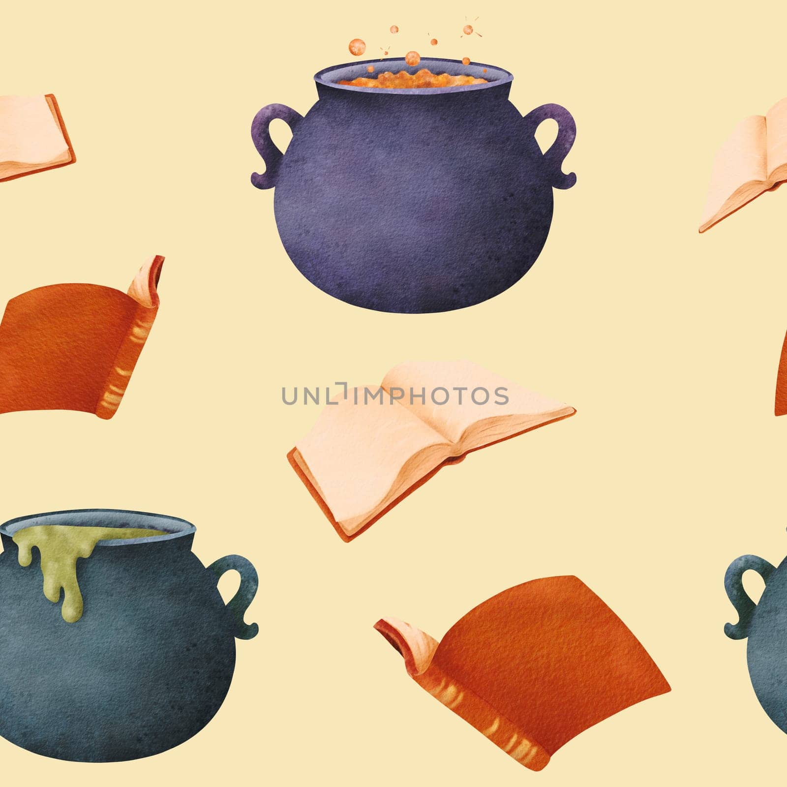 Seamless Halloween pattern. witch's set: cauldrons with potions, magical spell books. Classic holiday elements in a watercolor, for textiles, kitchen decor, stationery, covers, Beige background by Art_Mari_Ka