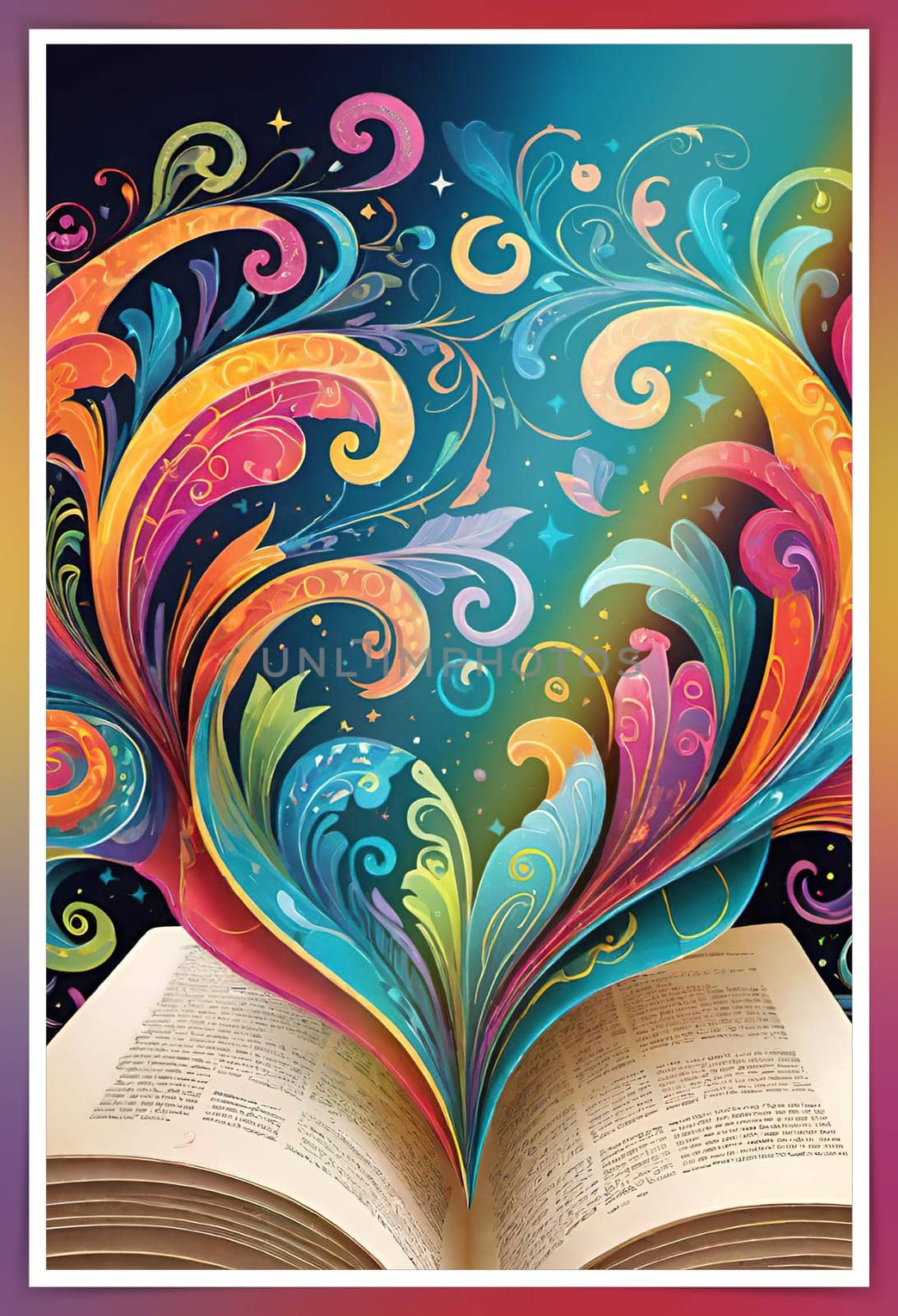 Open book with floral pattern on background. Vector illustration for your design.Open book with floral ornament on a colorful background. Abstract colorful background with book, swirls and floral elements.World book day concept.