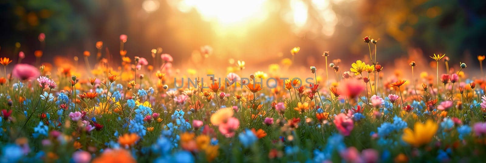 Banner with place for text summer wildflowers in a meadow on a blurred landscape background in sunlight. Place for text.