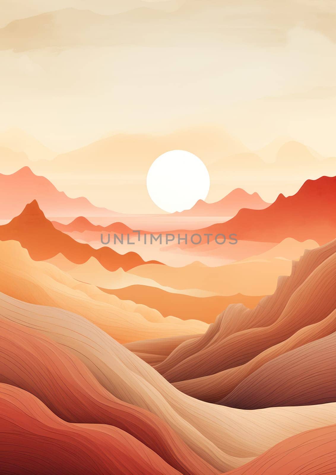 Silhouette of Majestic Mountains: A Tranquil Sunrise Over the Colorful Landscape