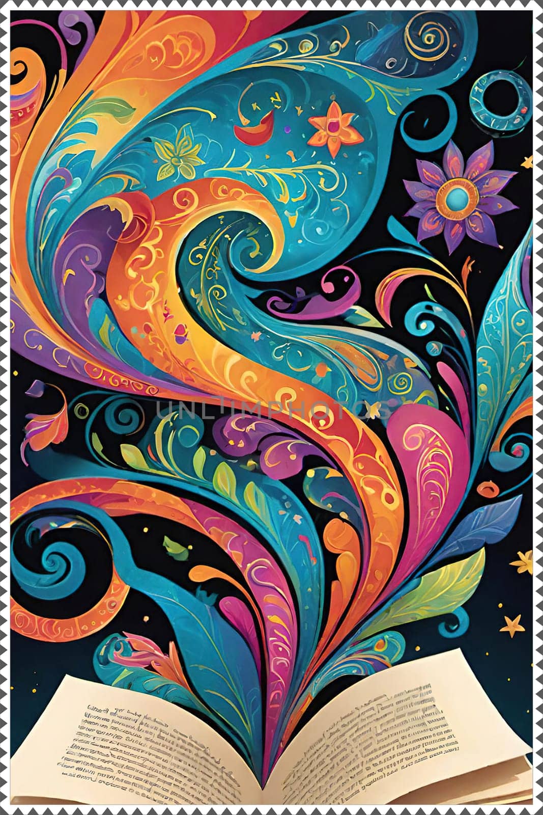 Open book with floral pattern on background. Vector illustration for your design.Open book with floral ornament on a colorful background. Abstract colorful background with book, swirls and floral elements.World book day concept.