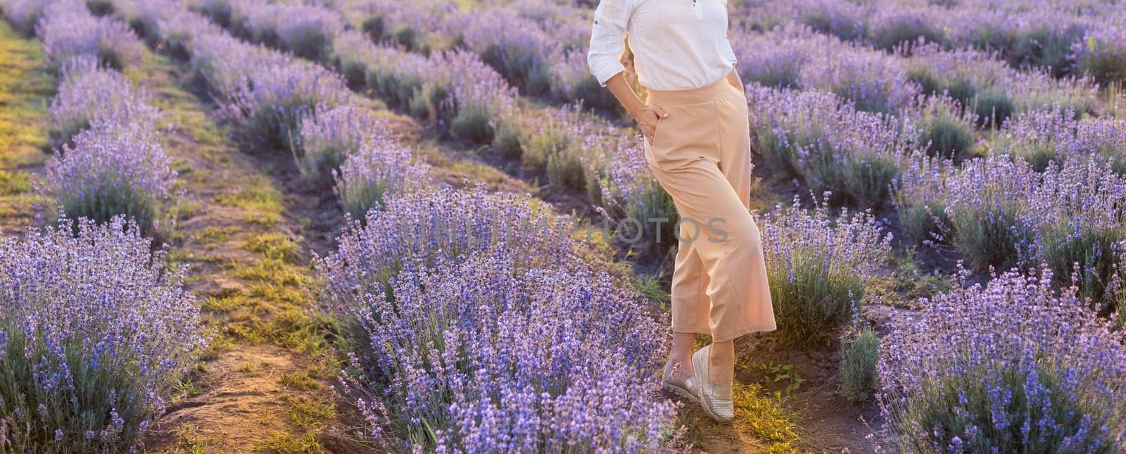 Young blond woman traveller wearing straw hat in lavender field surrounded with lavender flowers. by Andelov13