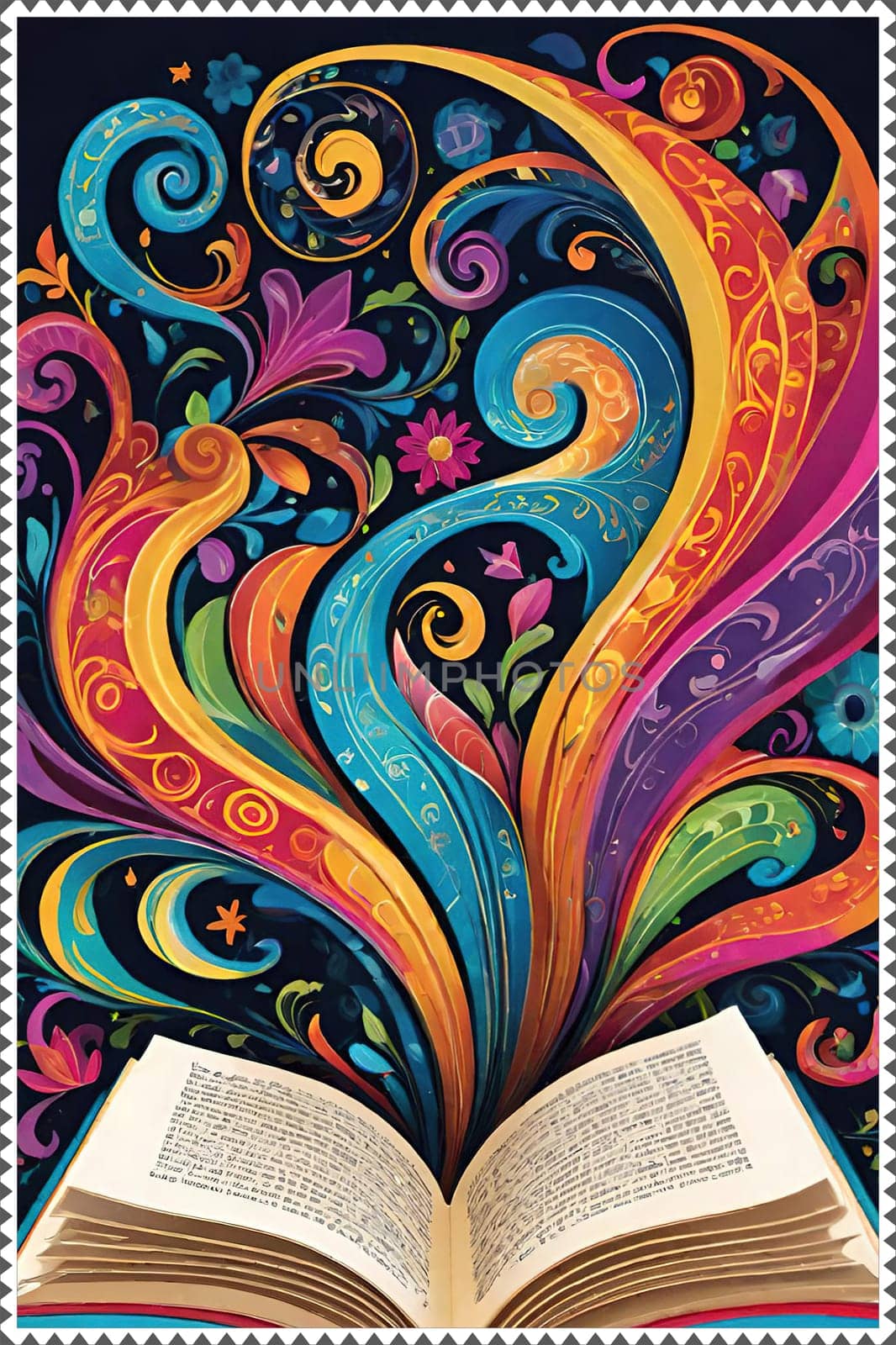 Open book with floral pattern on background. Vector illustration for your design.Open book with floral ornament on a colorful background. Abstract colorful background with book, swirls and floral elements.World book day concept.