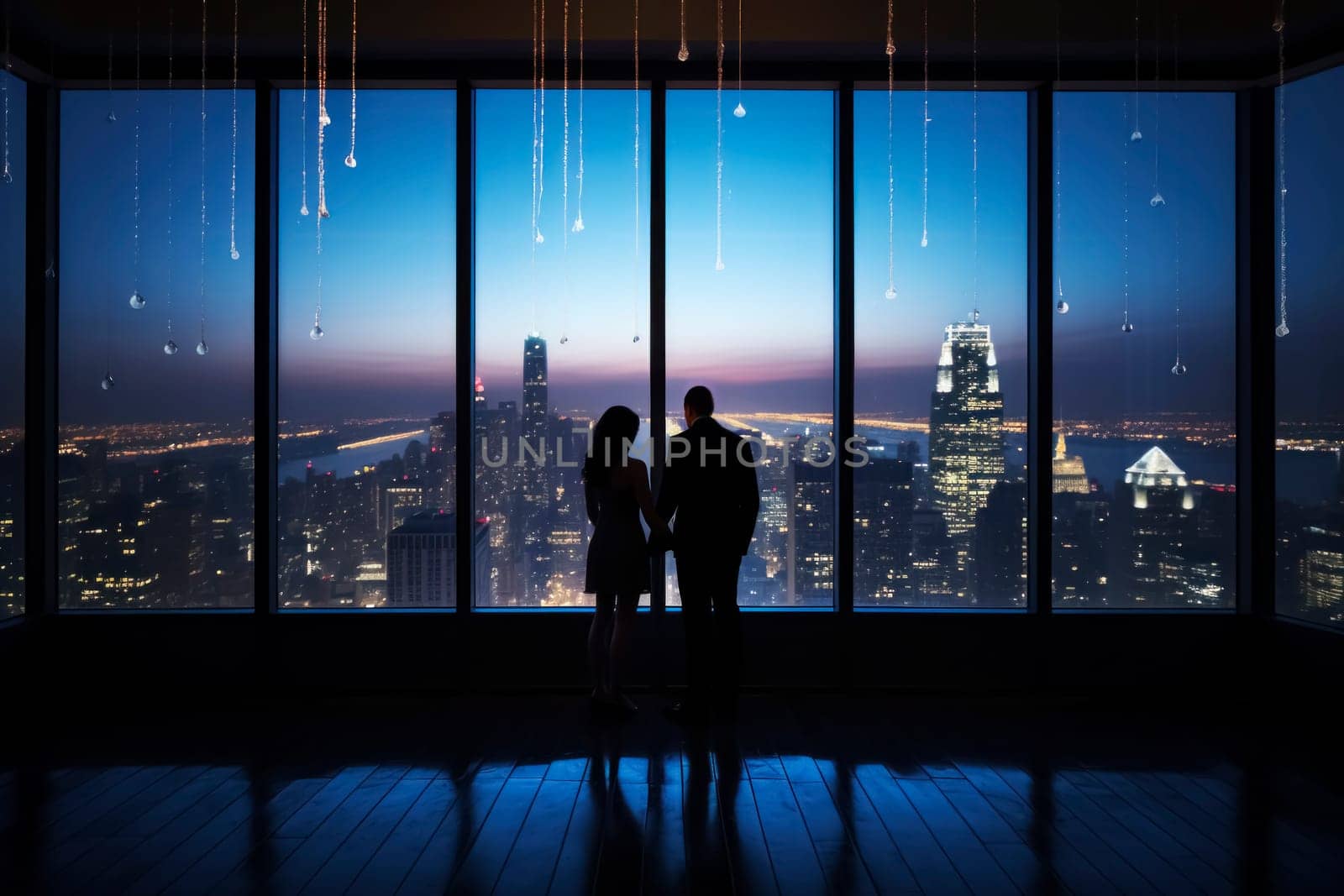 A romantic couple stands at the panoramic window of a skyscraper overlooking the nighttime cityscape. Valentine's Day