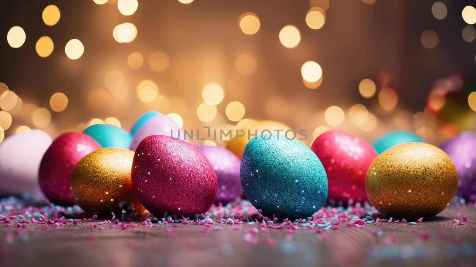 Closeup colorful easter eggs on the ground. Confetti sprinkles with bokeh lights AI