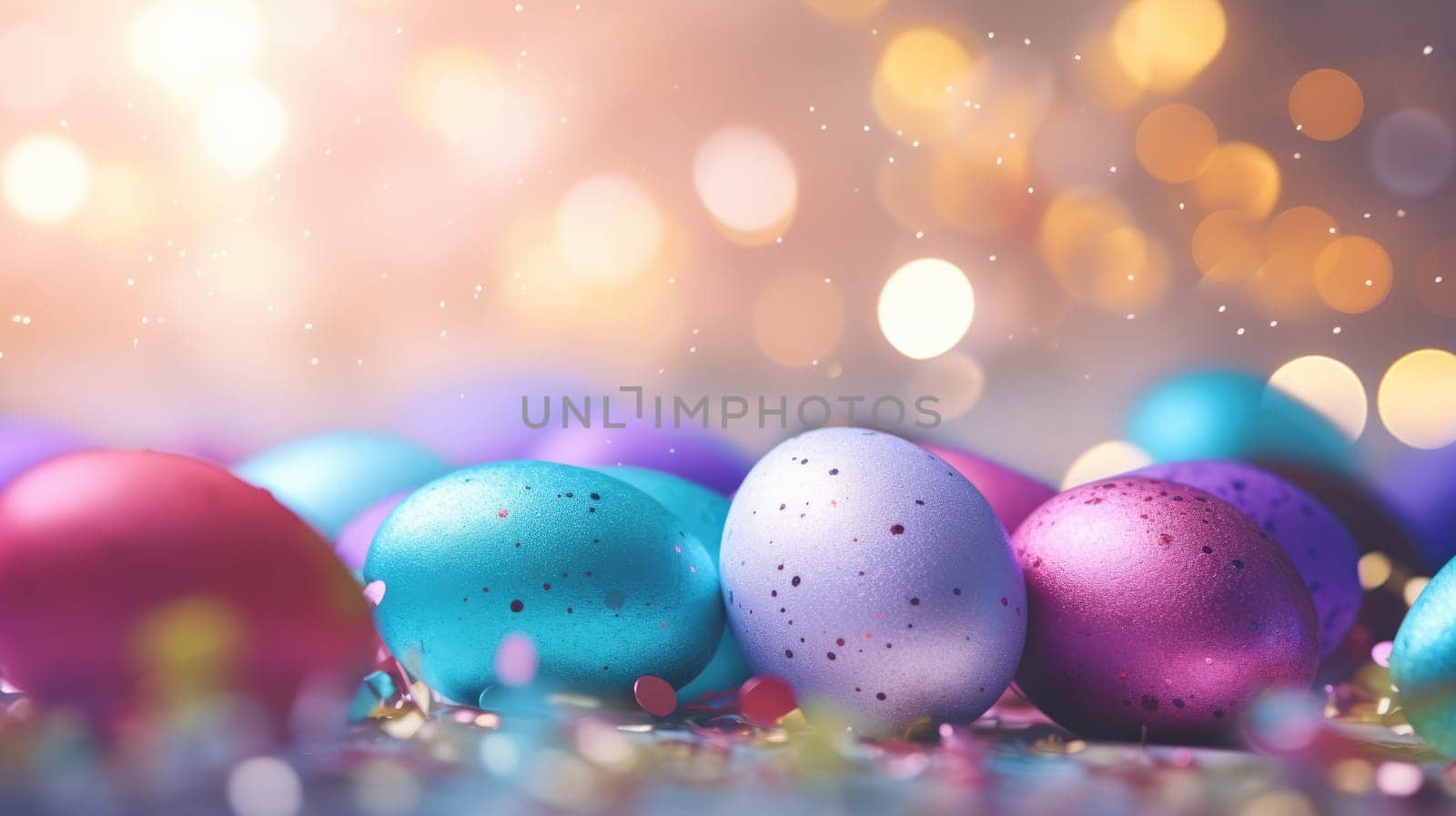 Closeup colorful easter eggs on the ground. Confetti sprinkles with bokeh lights AI