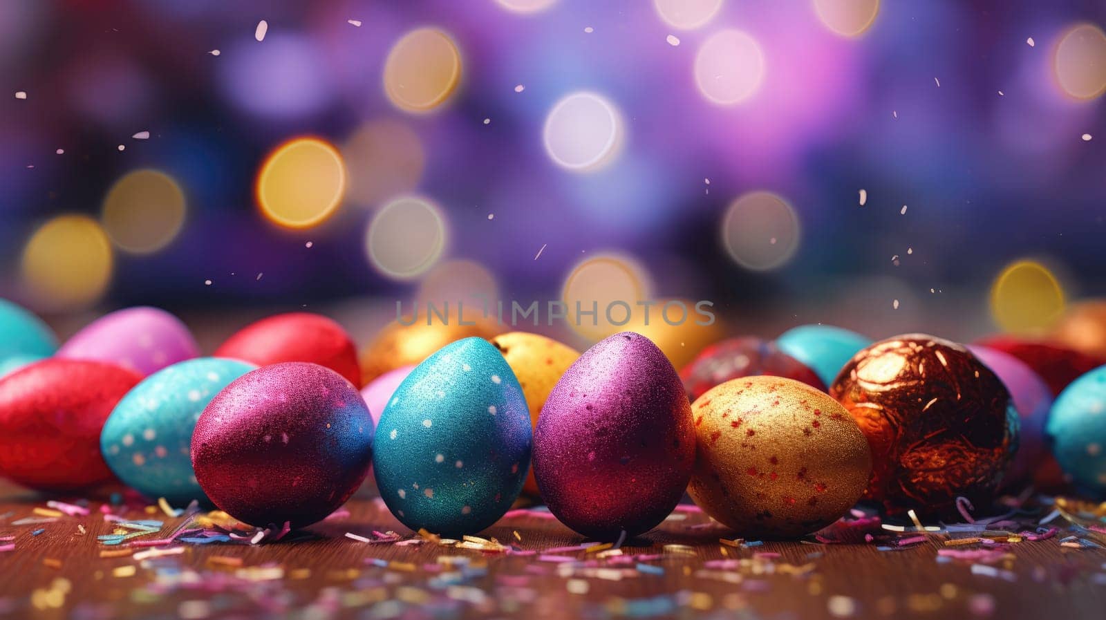 Closeup colorful easter eggs. Confetti sprinkles with bokeh lights by natali_brill
