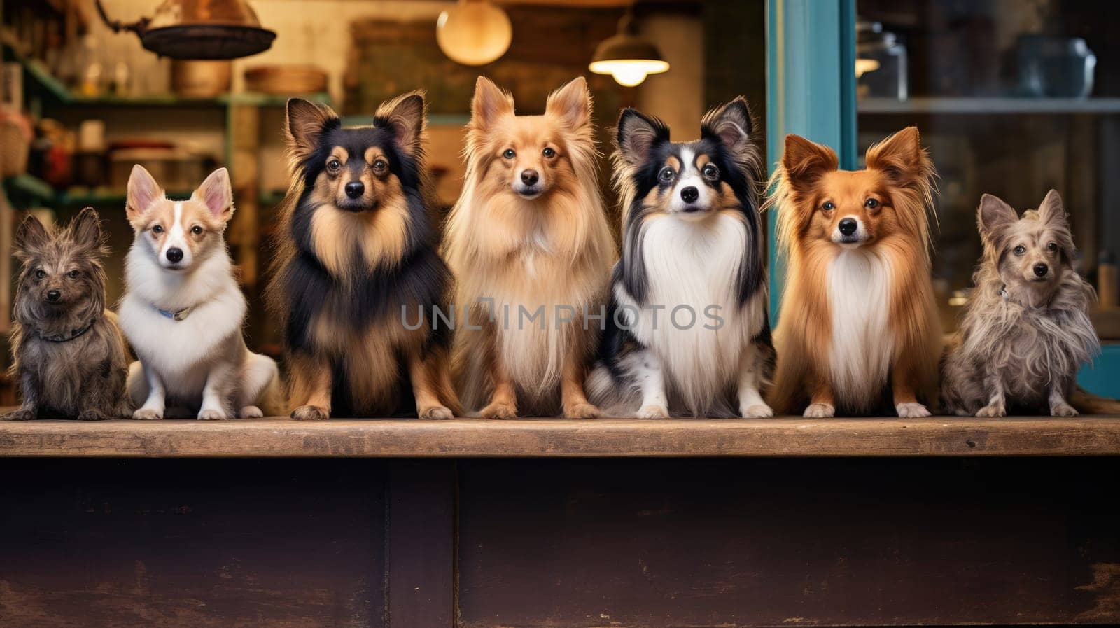 Dogs of different breeds sitting together. Blurred background by natali_brill