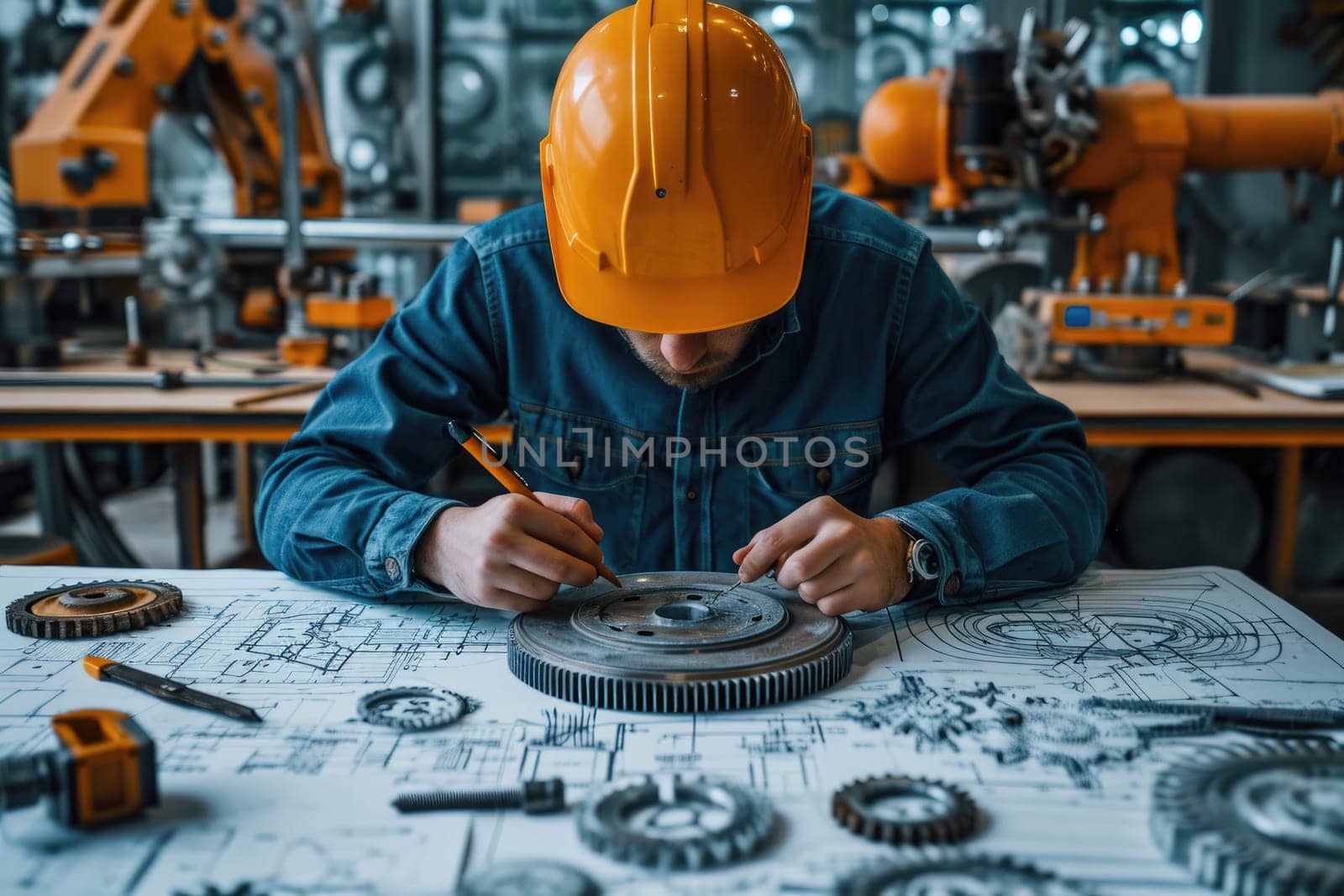 Mechanical engineer working with machine and gear and blueprint. Generative AI.