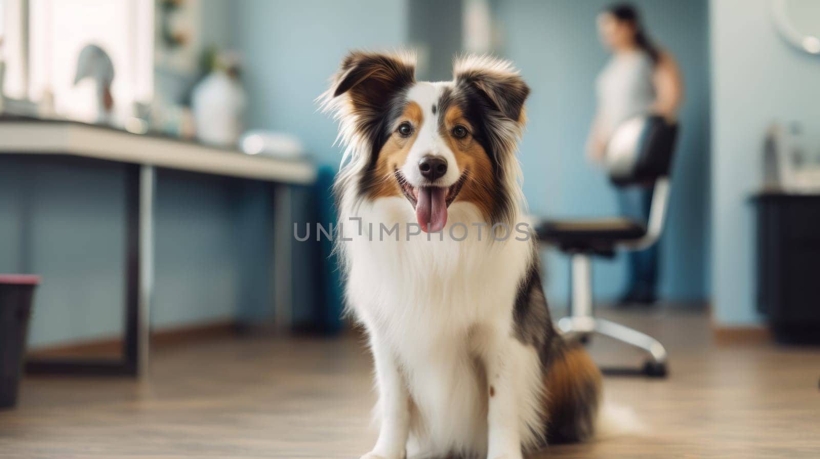 The dog sits on the floor in the home office. Blurred background. Healthy and happy pets concept. AI