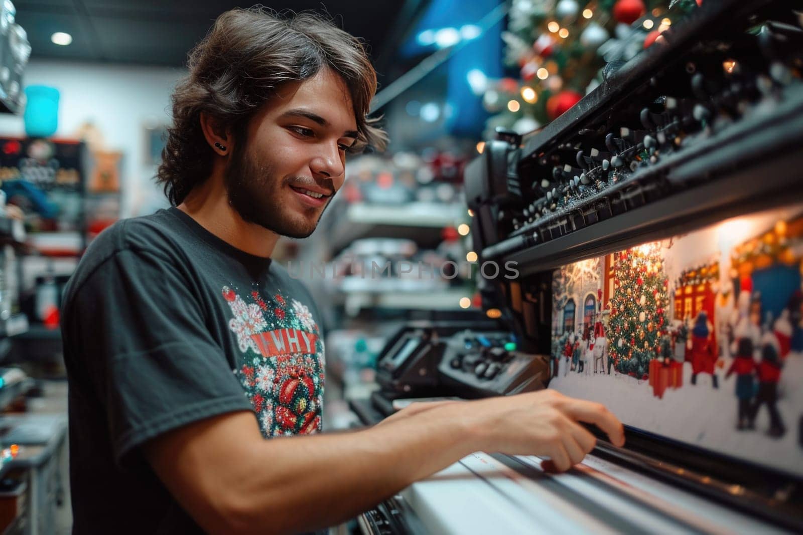 Man creating a unique painting on a large printer in a bright studio