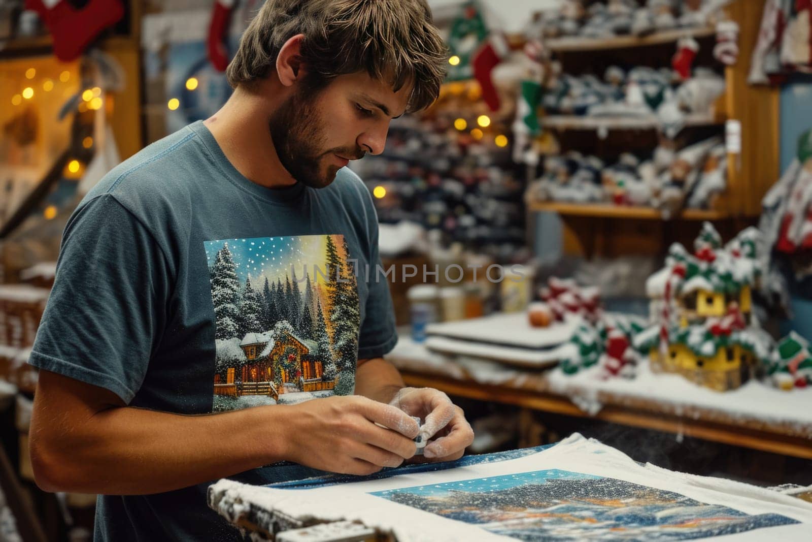 A focused person applies a unique design to a T-shirt using a printing technique, creating a fashionable and expressive wardrobe item.