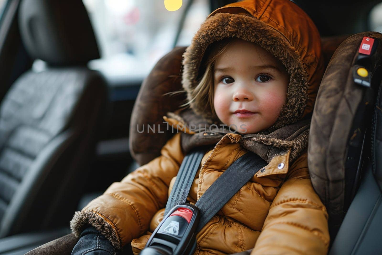 Smiling toddler strapped in a special child seat in the car, preparing for a safe and comfortable journey