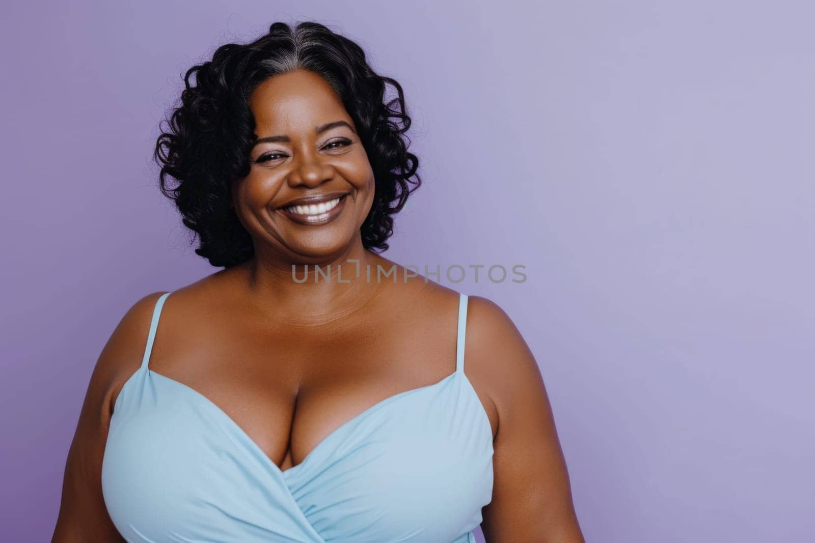 Woman in stylish dress and purple background