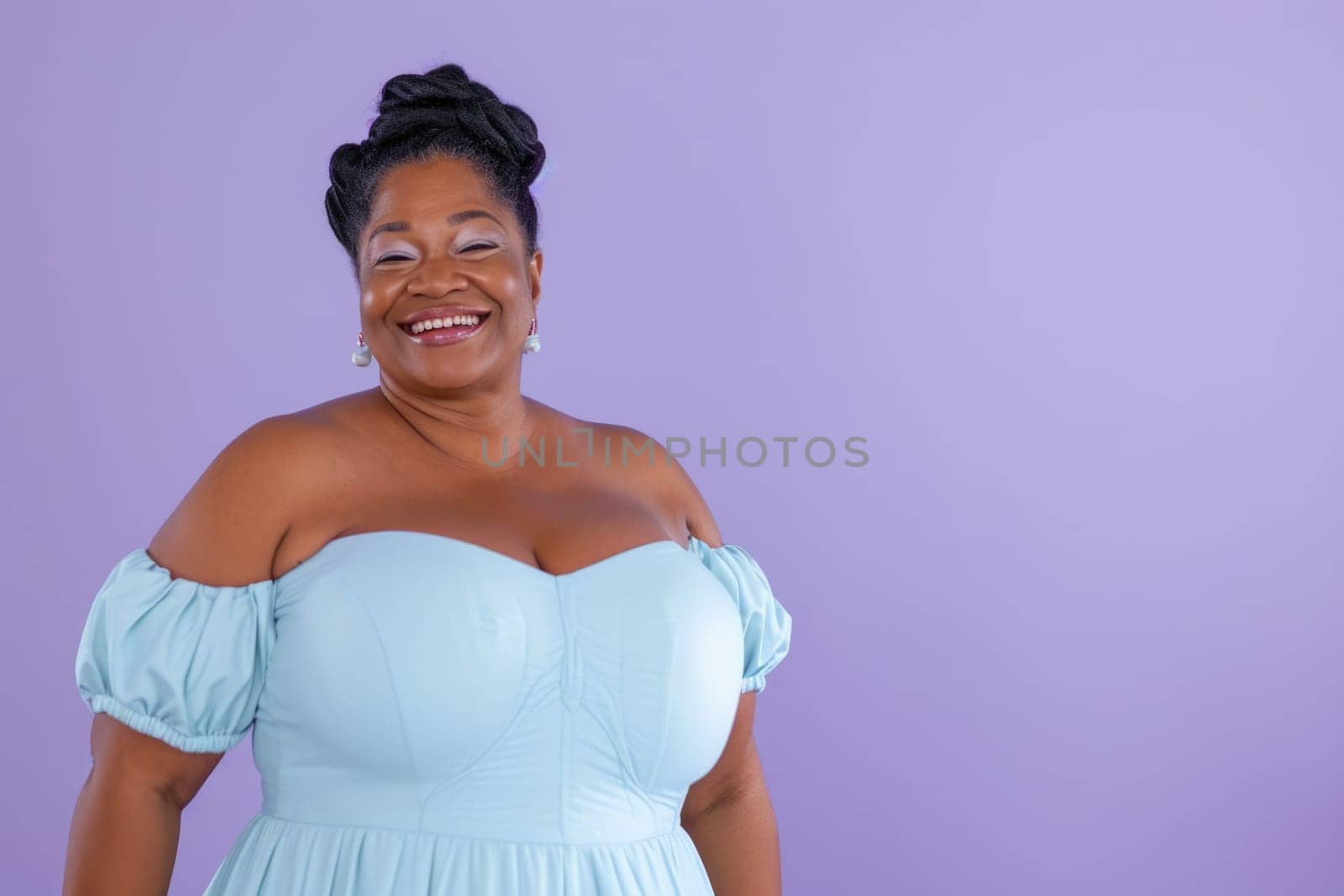 Happy African American Woman in Blue Dress on Purple Background by Yurich32