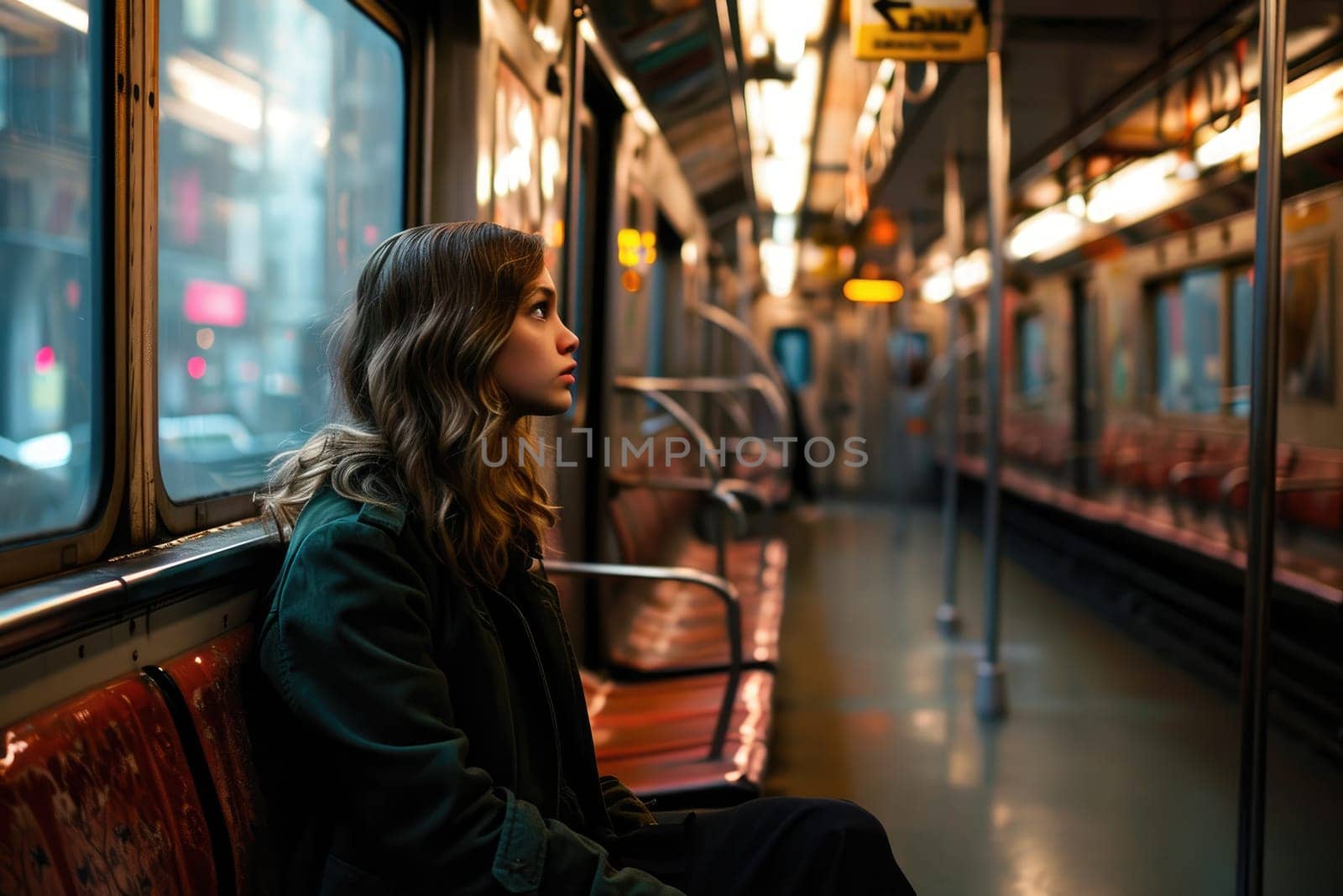 Young girl traveling by train in subway by Yurich32