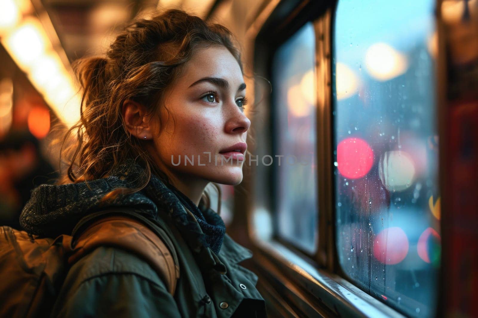 A young traveler admiring the view outside the window of a carriage.