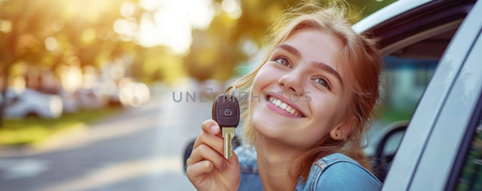 Smiling girl holds car keys in her hands, ready to hit the road for new adventures.