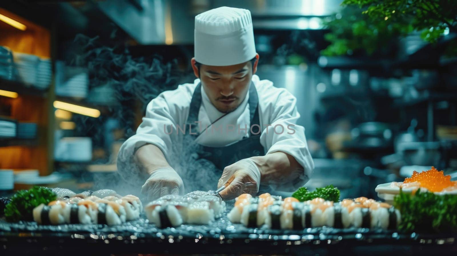 A skilled chef of Asian appearance creates unique rolls and sushi by Yurich32