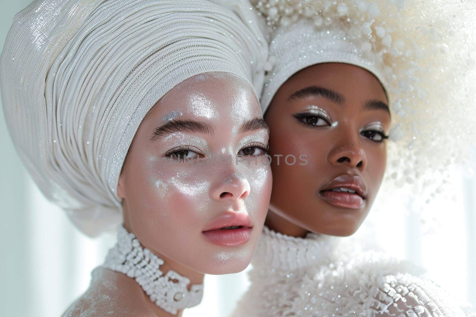 In a fashion shoot, two girls of different nationalities with elegant white turbans embody the beauty of variety and style