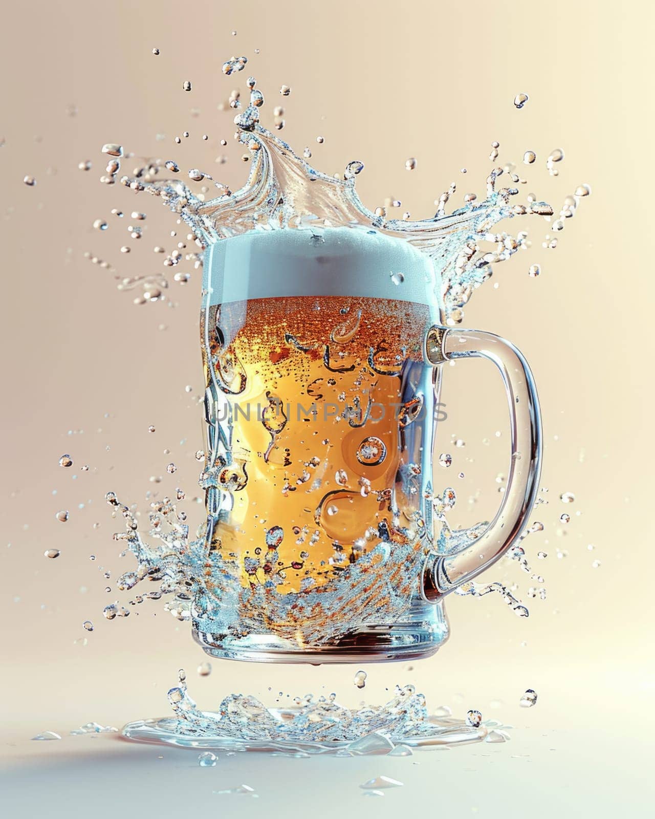 Mug of fresh beer in the air with bright splashes on light background