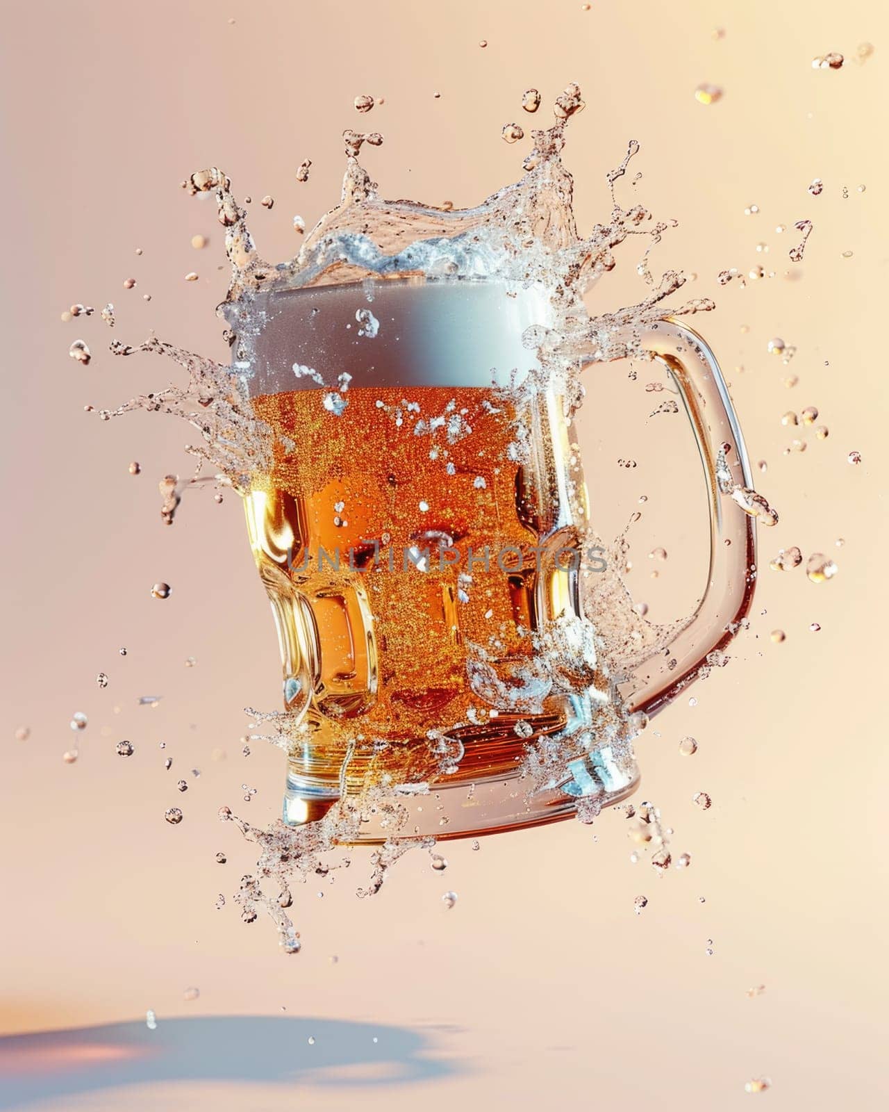 A mug of fresh beer in the air with spectacular splashes on a light background.