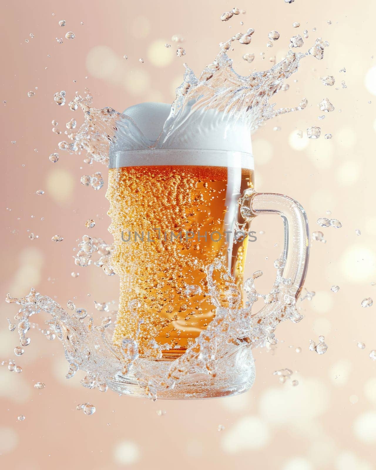 A mug of beer in a whirlwind of bright splashes on a light background by Yurich32