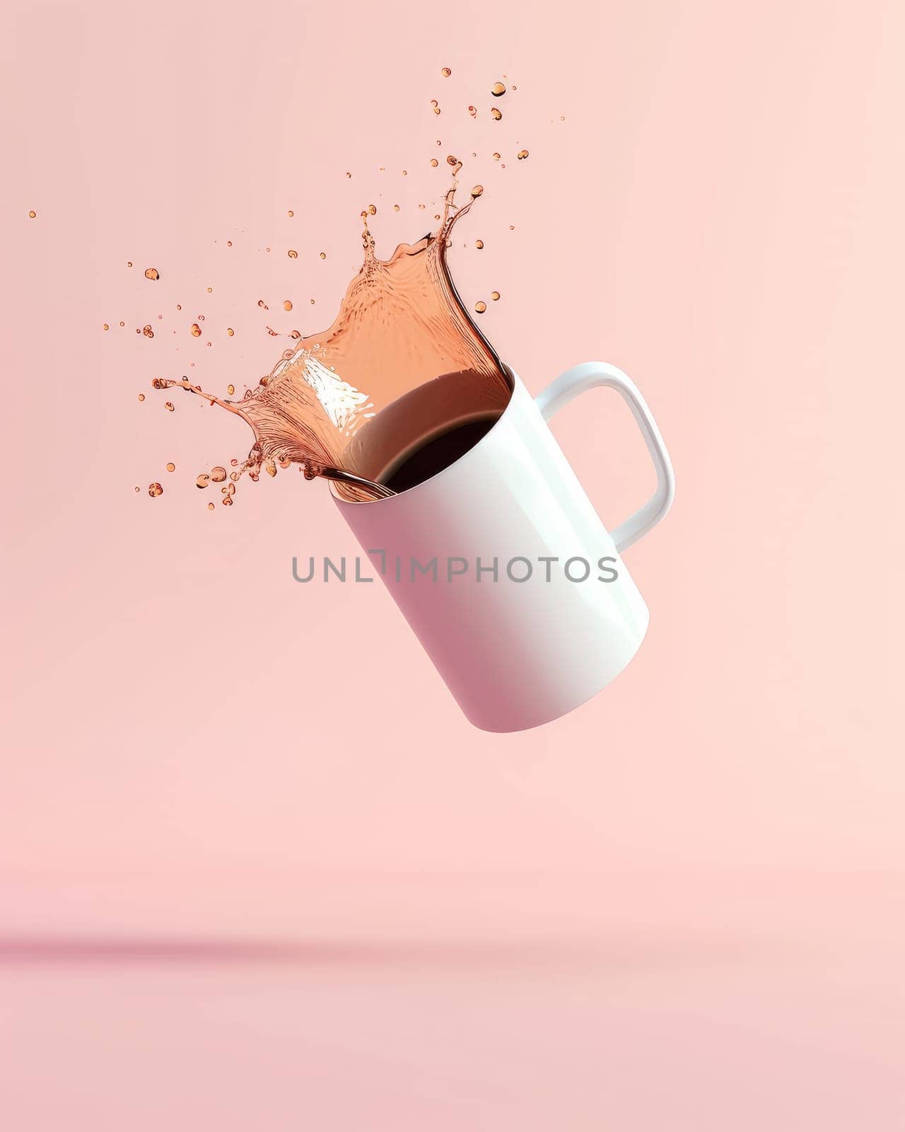 Flying mug with black coffee splashes on background