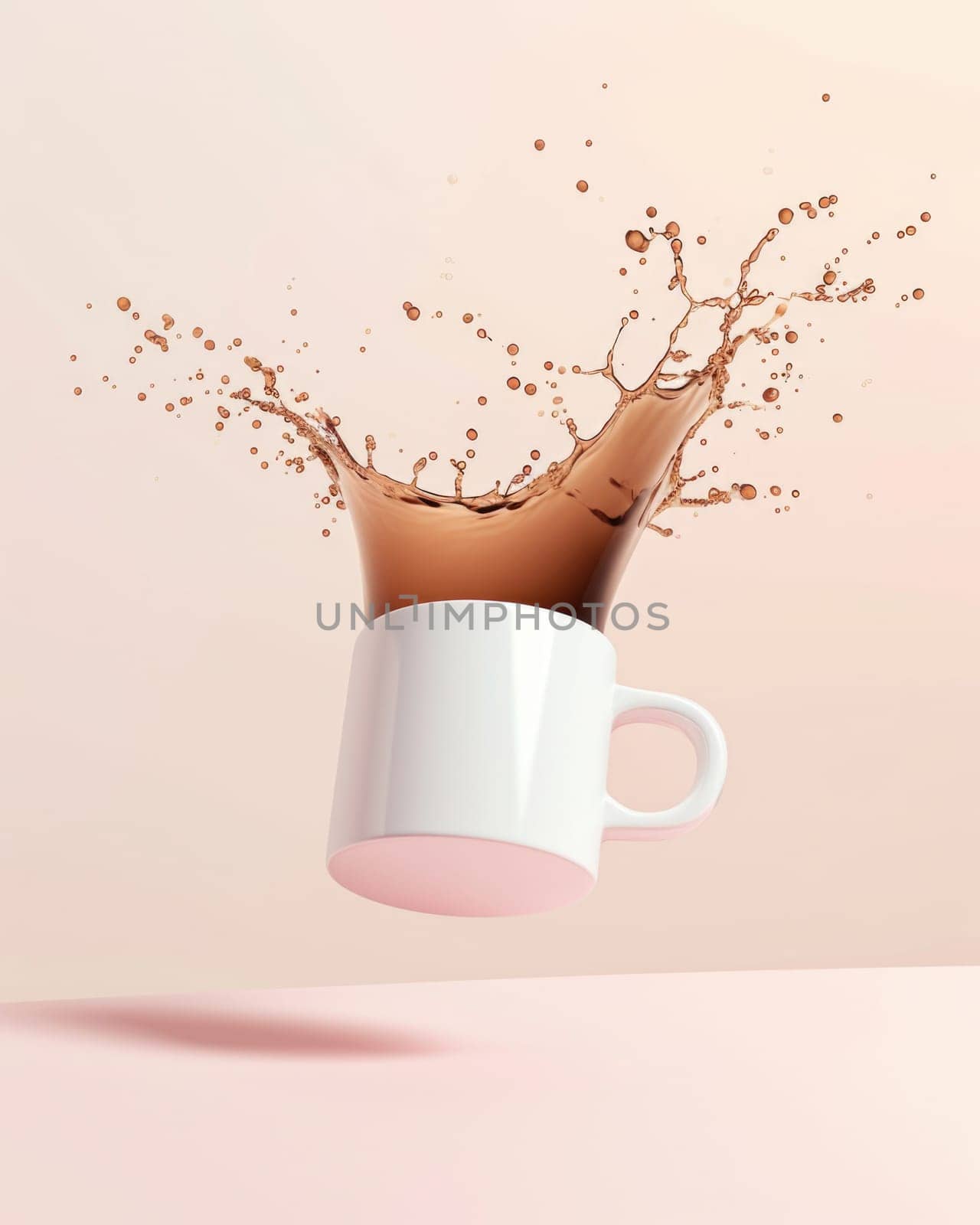 Flying mug with black coffee splashes on light background