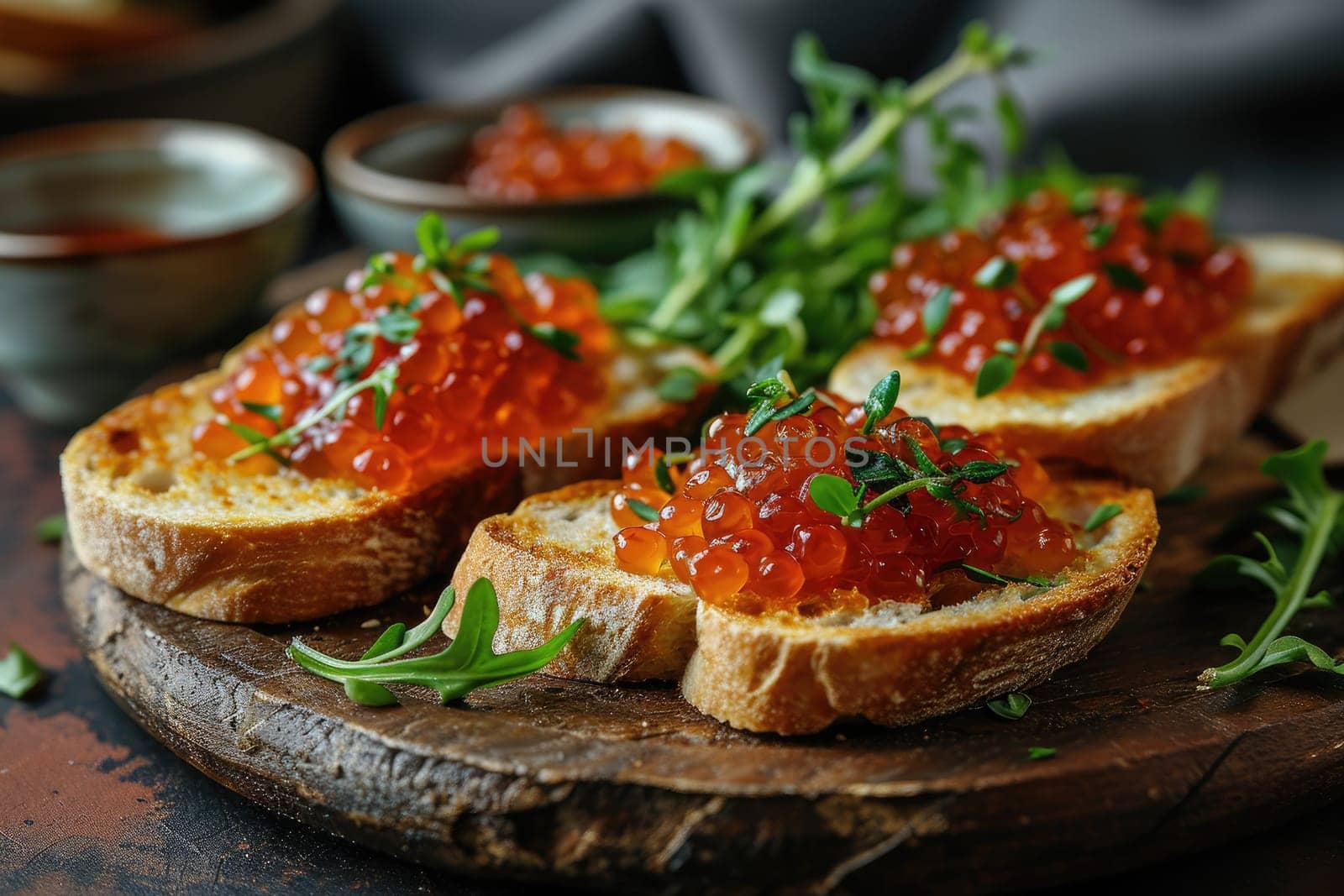 A seductive image: a gourmet sandwich with red caviar laid out on a wooden table