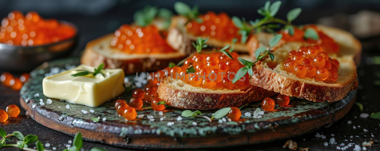 Sandwich with red caviar on a wooden table: a treat for connoisseurs of taste by Yurich32