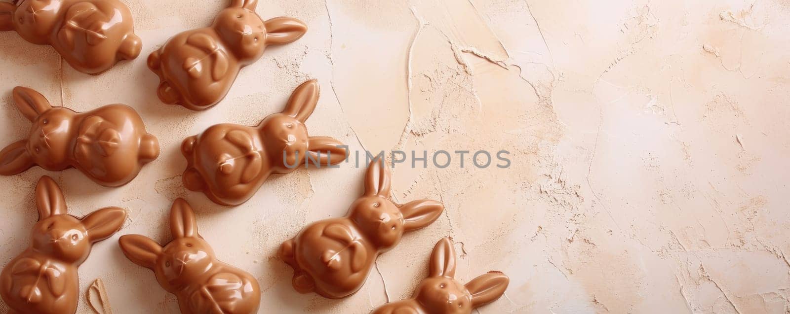 Banner with a set of chocolate bunnies for Easter holiday by Yurich32