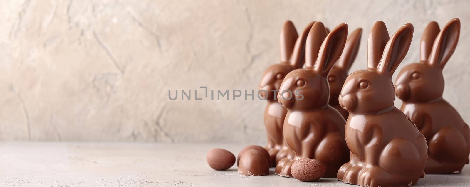 Banner with a set of chocolate bunnies for Easter holiday by Yurich32