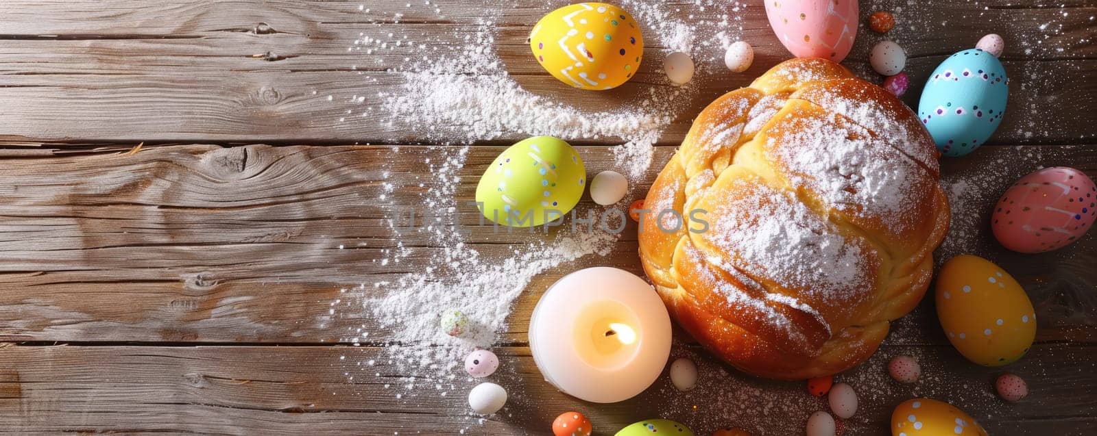 Festive table with traditional Easter cake and colorful Easter eggs