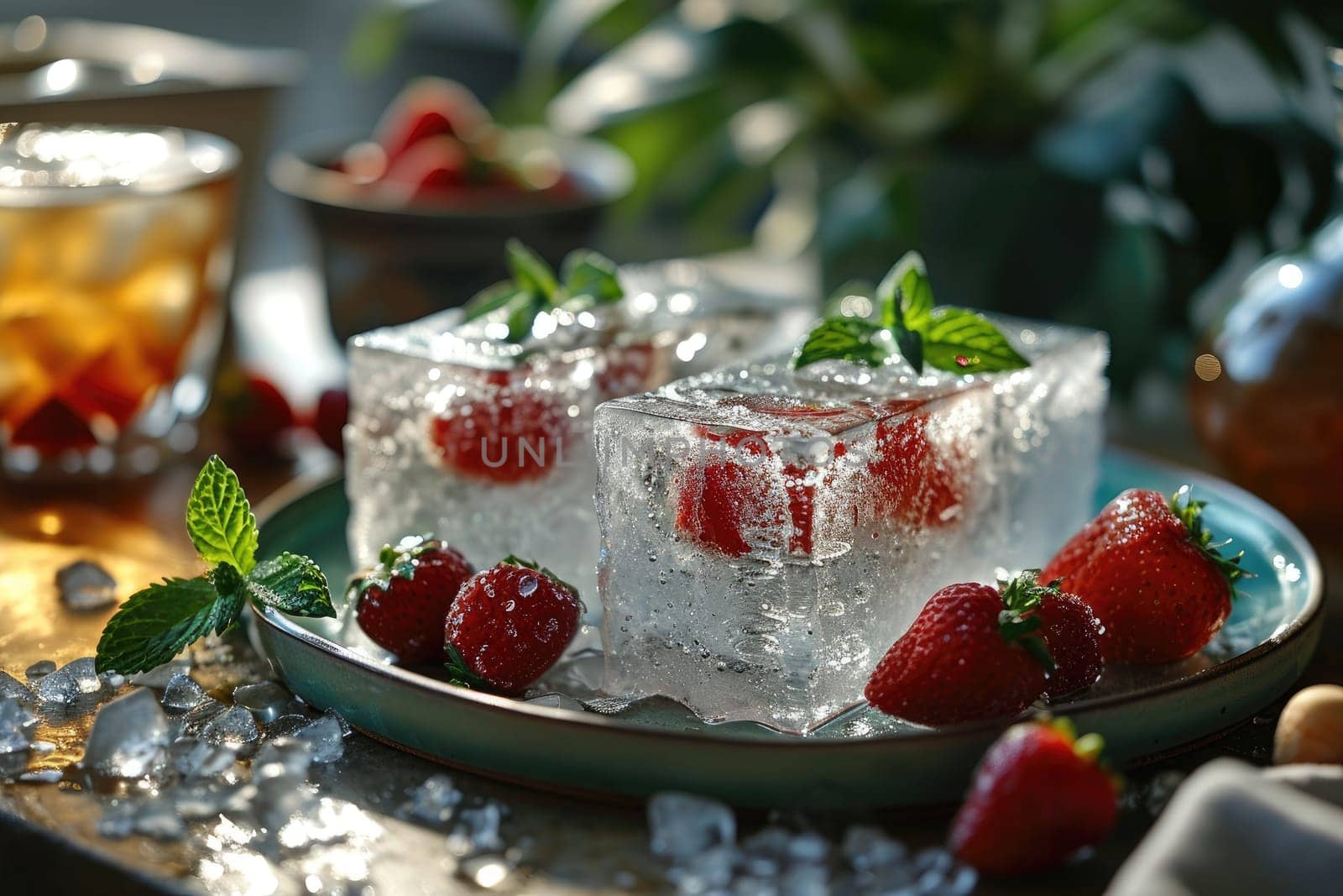 Fresh berries are encased in a transparent ice cube, creating a gourmet summer dessert.