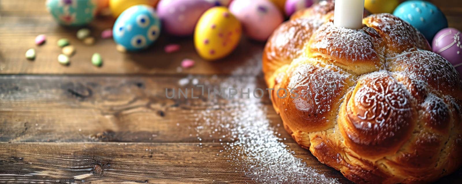 Traditional Easter cake with painted eggs on wooden background, symbolizing the Resurrection Feast