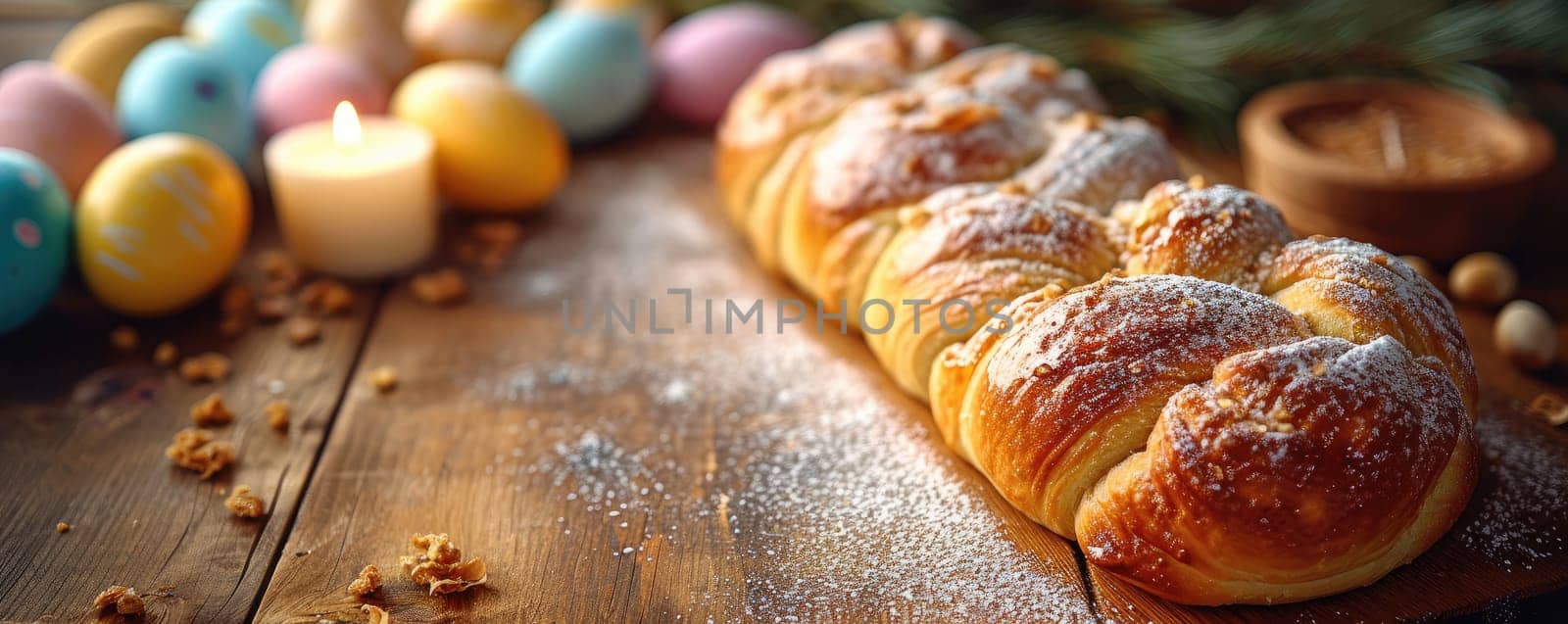 Easter cake and eggs on wooden background by Yurich32