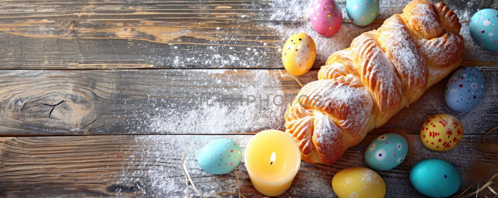 Colorful eggs and Easter cake with candle. Top view. Banner.