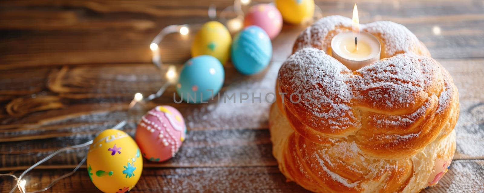 Easter cake and painted eggs on wooden background by Yurich32