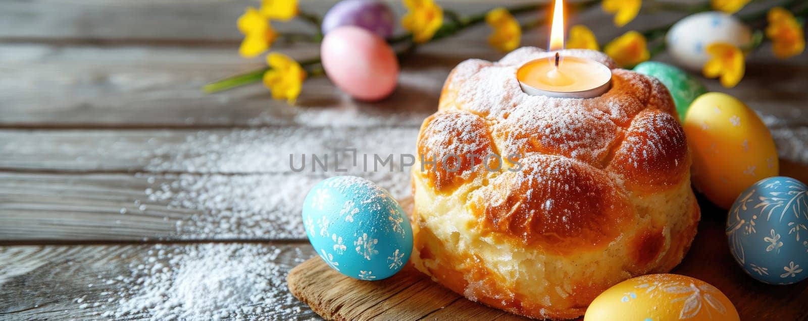 Easter cake and painted eggs on wooden background.
